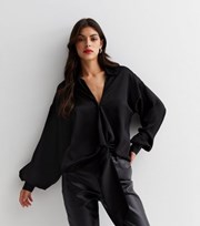 New Look Black Satin Collared Long Sleeve Multiway Top